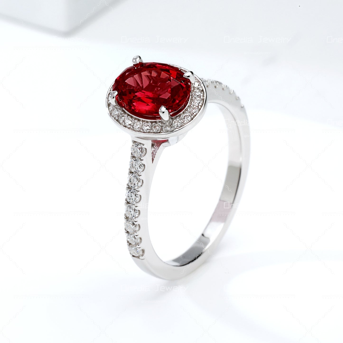 1.5ct Oval Lab Grown Ruby Pigeon Blood Red 6x8mm Classic Halo design Engagement ring in 18k white gold
