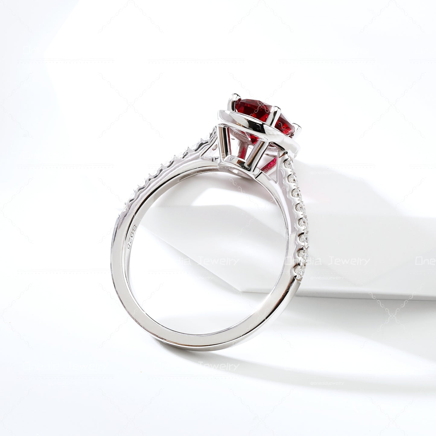 1.5ct Oval Lab Grown Ruby Pigeon Blood Red 6x8mm Classic Halo design Engagement ring in 18k white gold