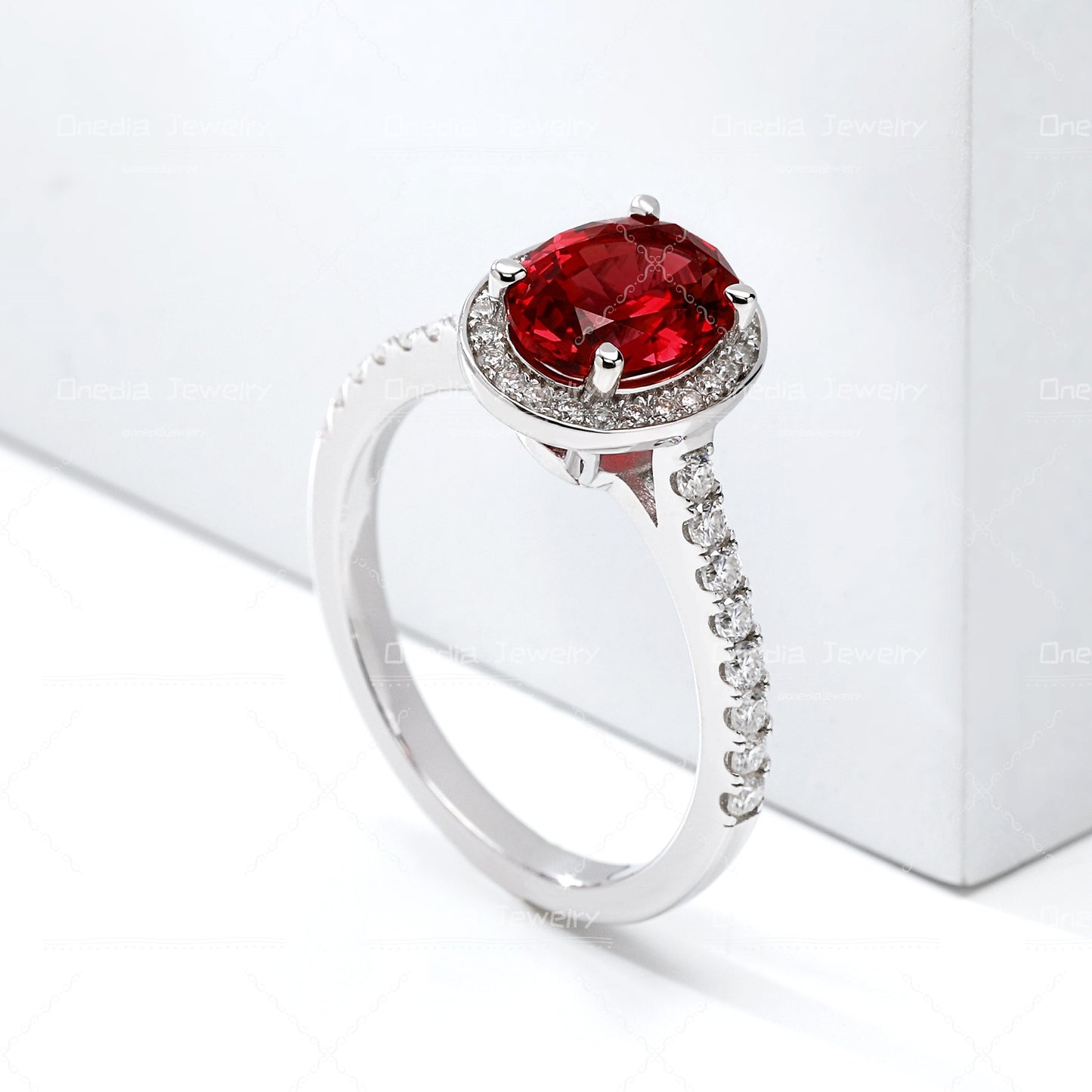 1.5ct Oval Lab Grown Ruby Pigeon Blood Red 6x8mm Classic Halo design Engagement ring in 18k white gold