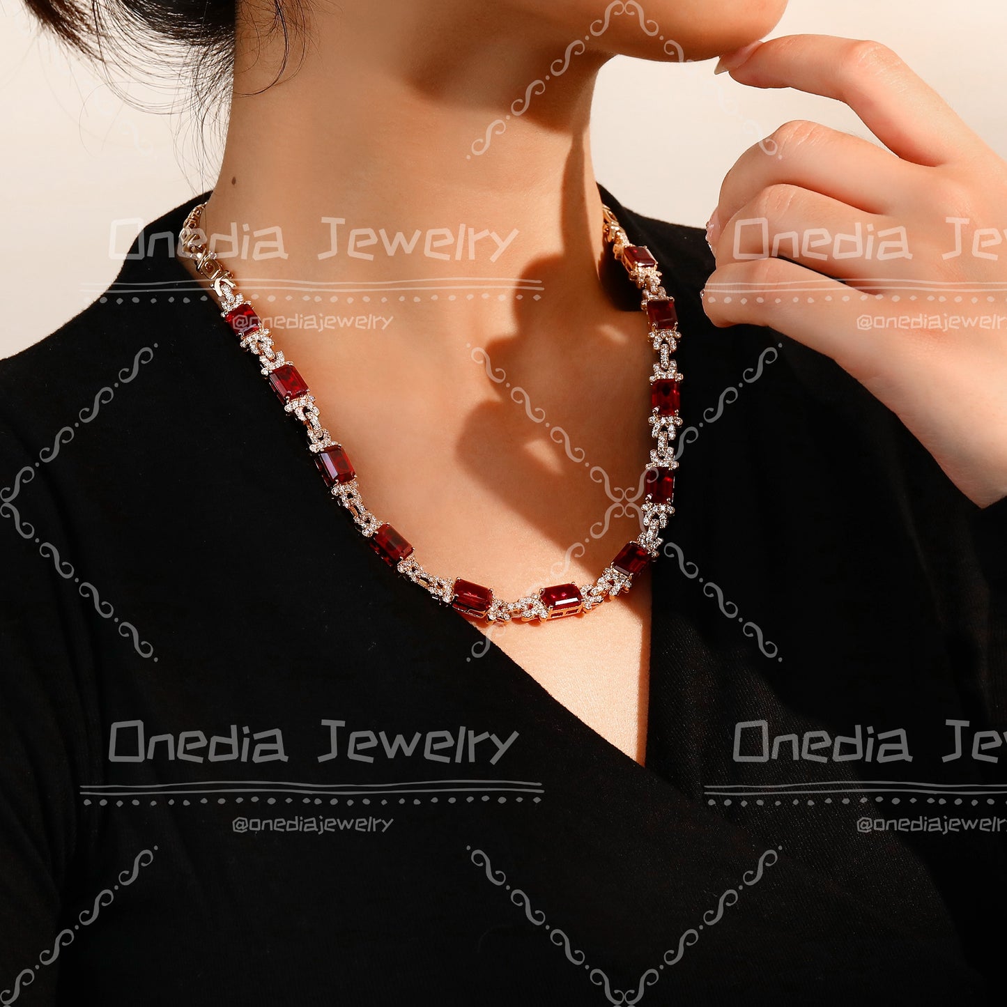 8x10mm Emerald Cut Lab Grown Ruby with Lab diamonds Luxury Design half paperclip chain 18k Rose Gold Necklace