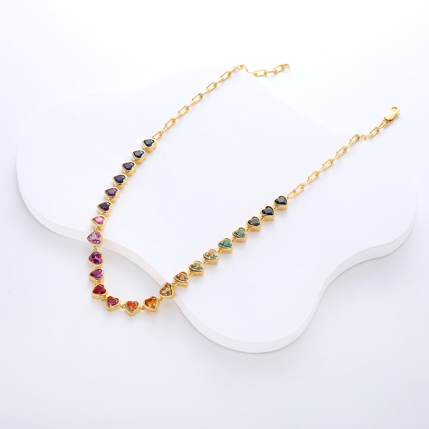 Rainbow color Heart-Shaped 5mm Lab Grown Sapphire Half tennis bracelet paperclip chain