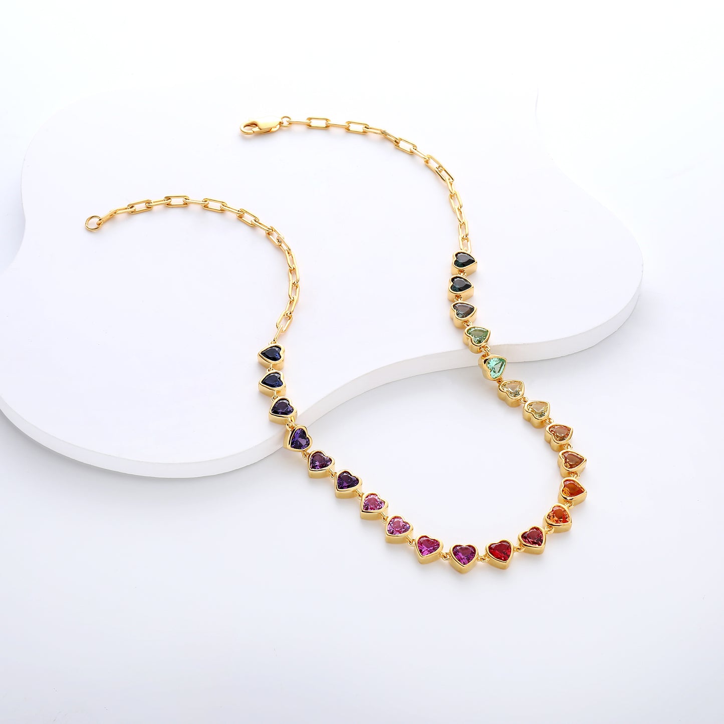 Rainbow color Heart-Shaped 5mm Lab Grown Sapphire Half tennis bracelet paperclip chain