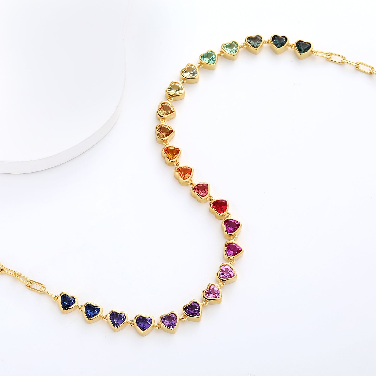 Rainbow color Heart-Shaped 5mm Lab Grown Sapphire Half tennis bracelet paperclip chain