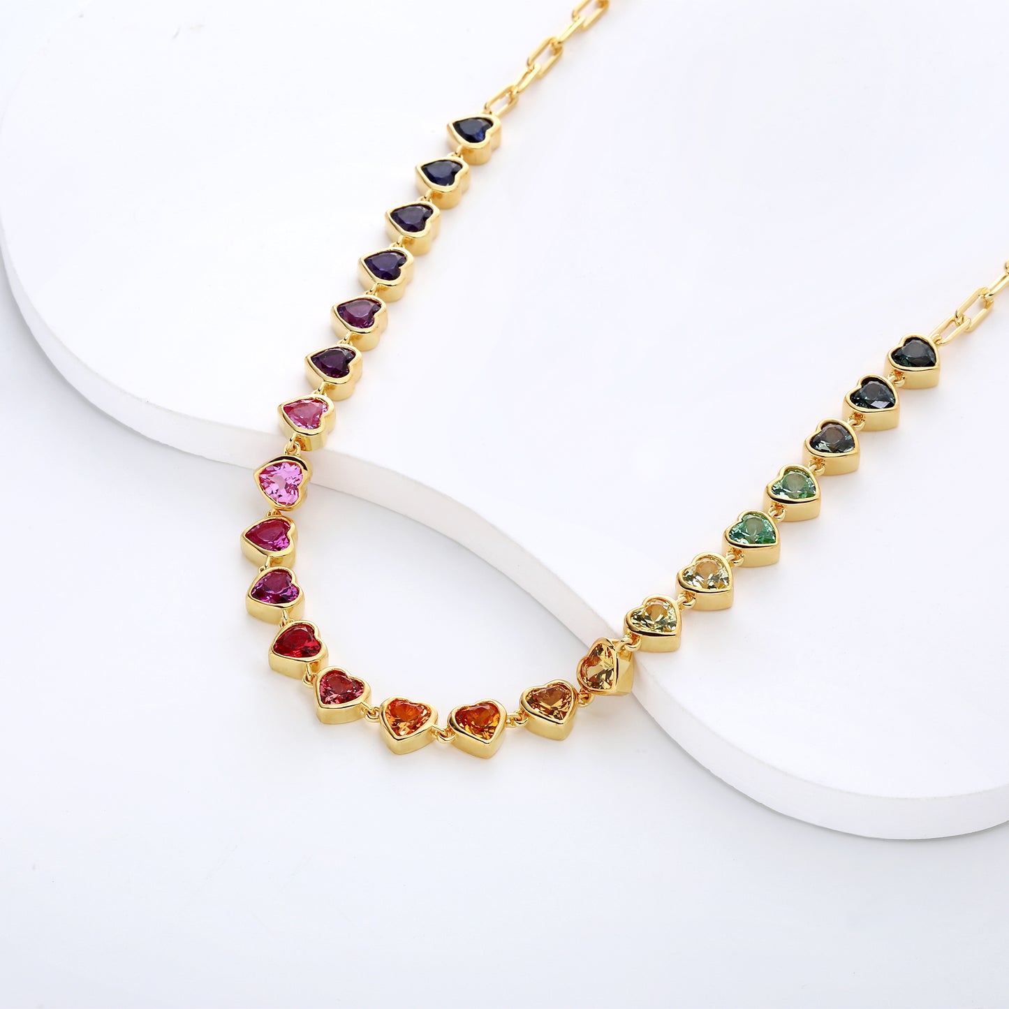 Rainbow color Heart-Shaped 5mm Lab Grown Sapphire Half tennis bracelet paperclip chain