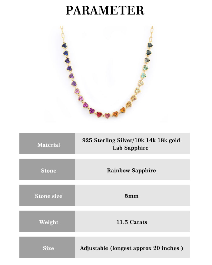 Rainbow color Heart-Shaped 5mm Lab Grown Sapphire Half tennis bracelet paperclip chain