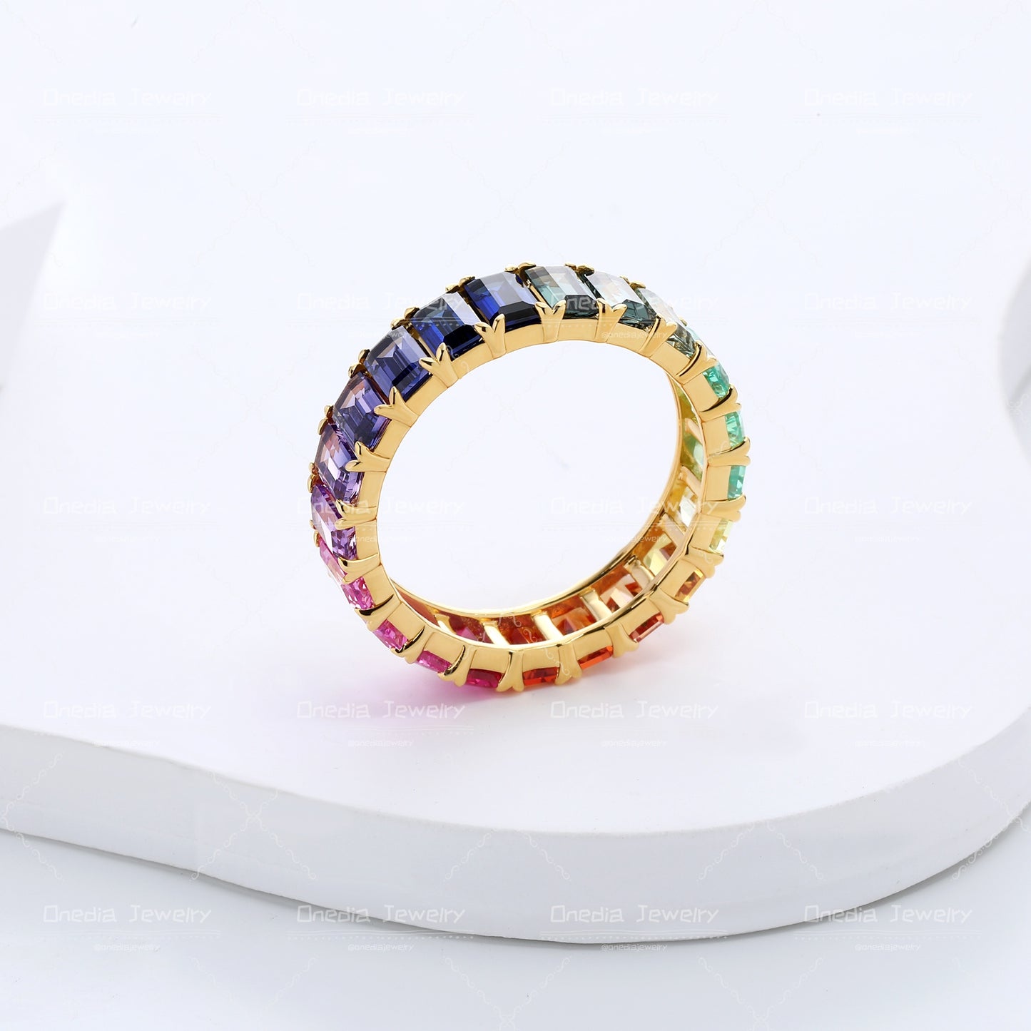 3x5mm Emerald Cut Lab Grown Sapphire Rainbow Multi color claw eternity wedding band ring in 18k gold