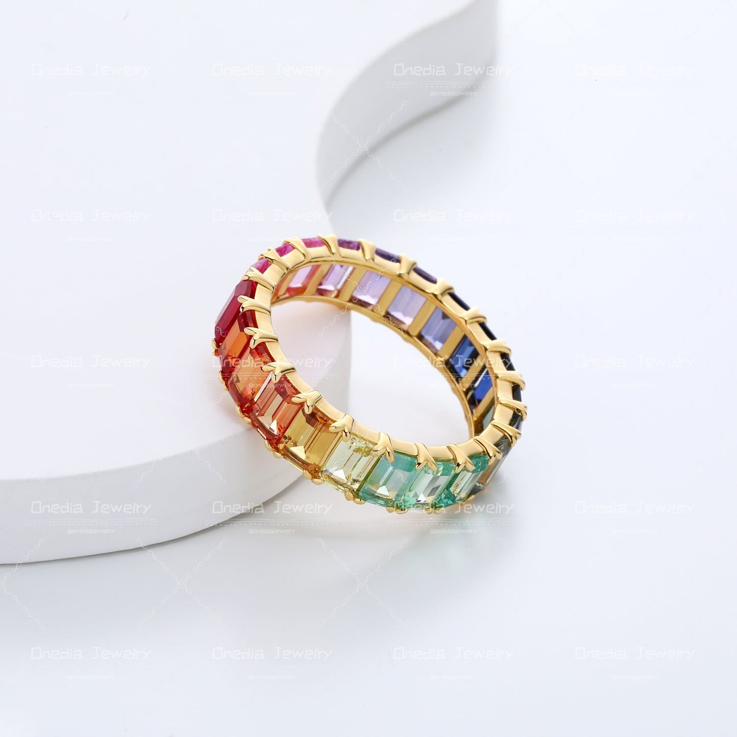 3x5mm Emerald Cut Lab Grown Sapphire Rainbow Multi color claw eternity wedding band ring in 18k gold