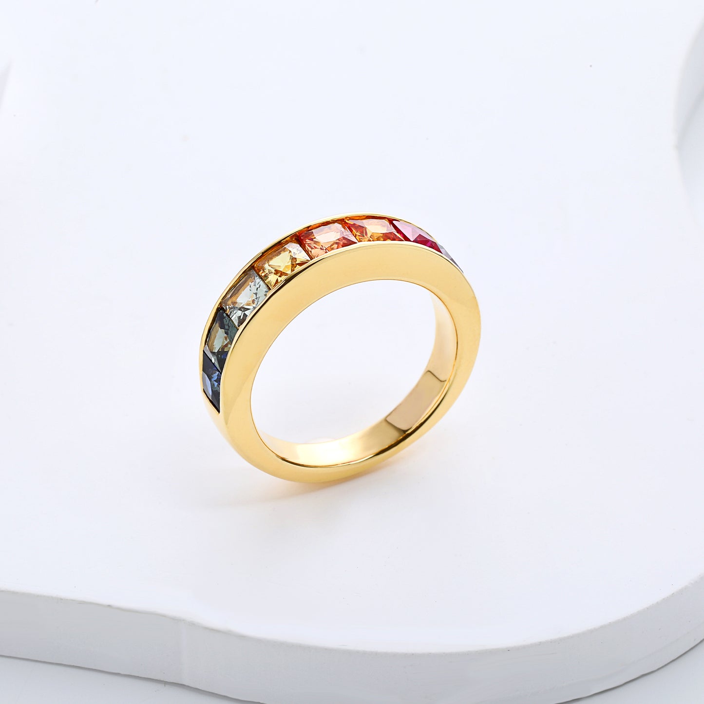3.5mm princess cut lab grown sapphire multi color rainbow half eternity wedding band ring in gold