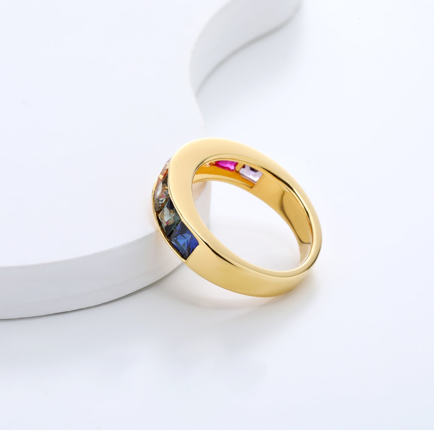 3.5mm princess cut lab grown sapphire multi color rainbow half eternity wedding band ring in gold