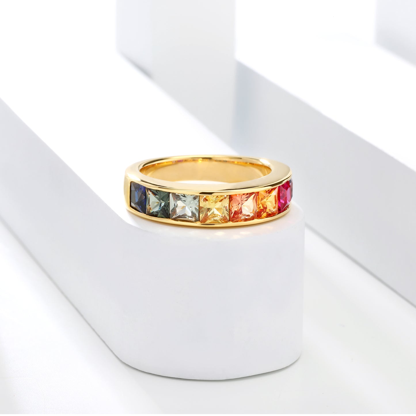 3.5mm princess cut lab grown sapphire multi color rainbow half eternity wedding band ring in gold