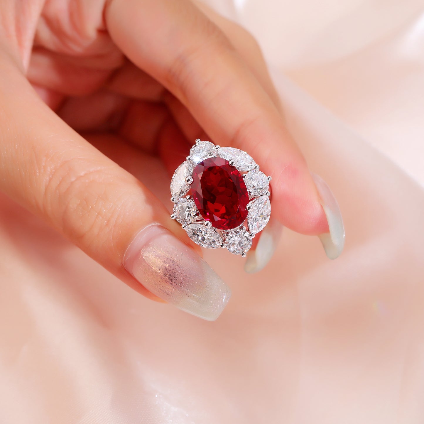 7CT Oval Lab Grown Ruby/Diamond Halo Women's Engagement Gift 18k White Gold