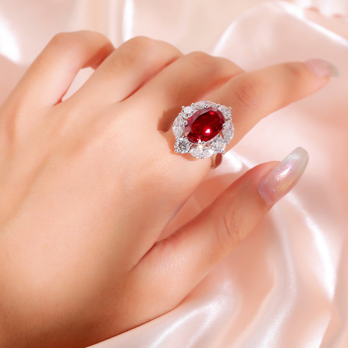7CT Oval Lab Grown Ruby/Diamond Halo Women's Engagement Gift 18k White Gold