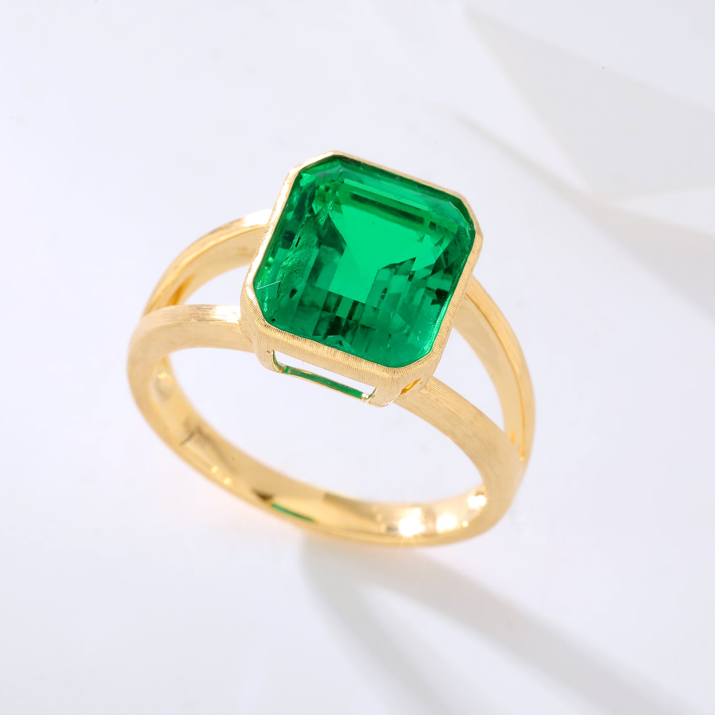 5.5ct Emerald-Cut Lab Emerald Ring in 18K Brushed Yellow Gold