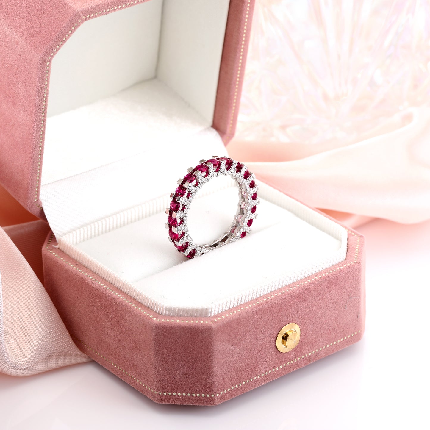 3MM Pigeon Red Lab Grown Ruby Full diamonds Engagement Ring in Gold