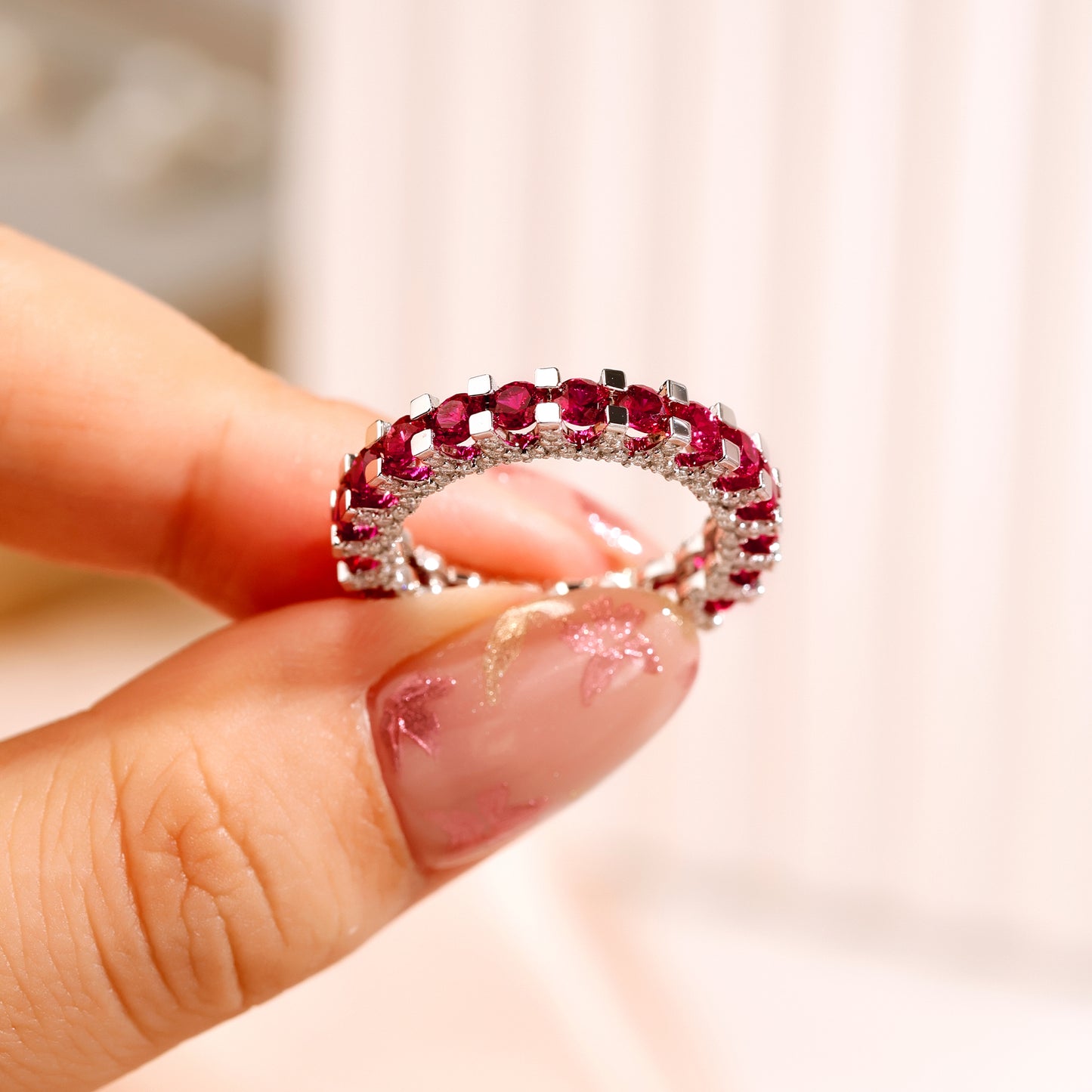 3MM Pigeon Red Lab Grown Ruby Full diamonds Engagement Ring in Gold