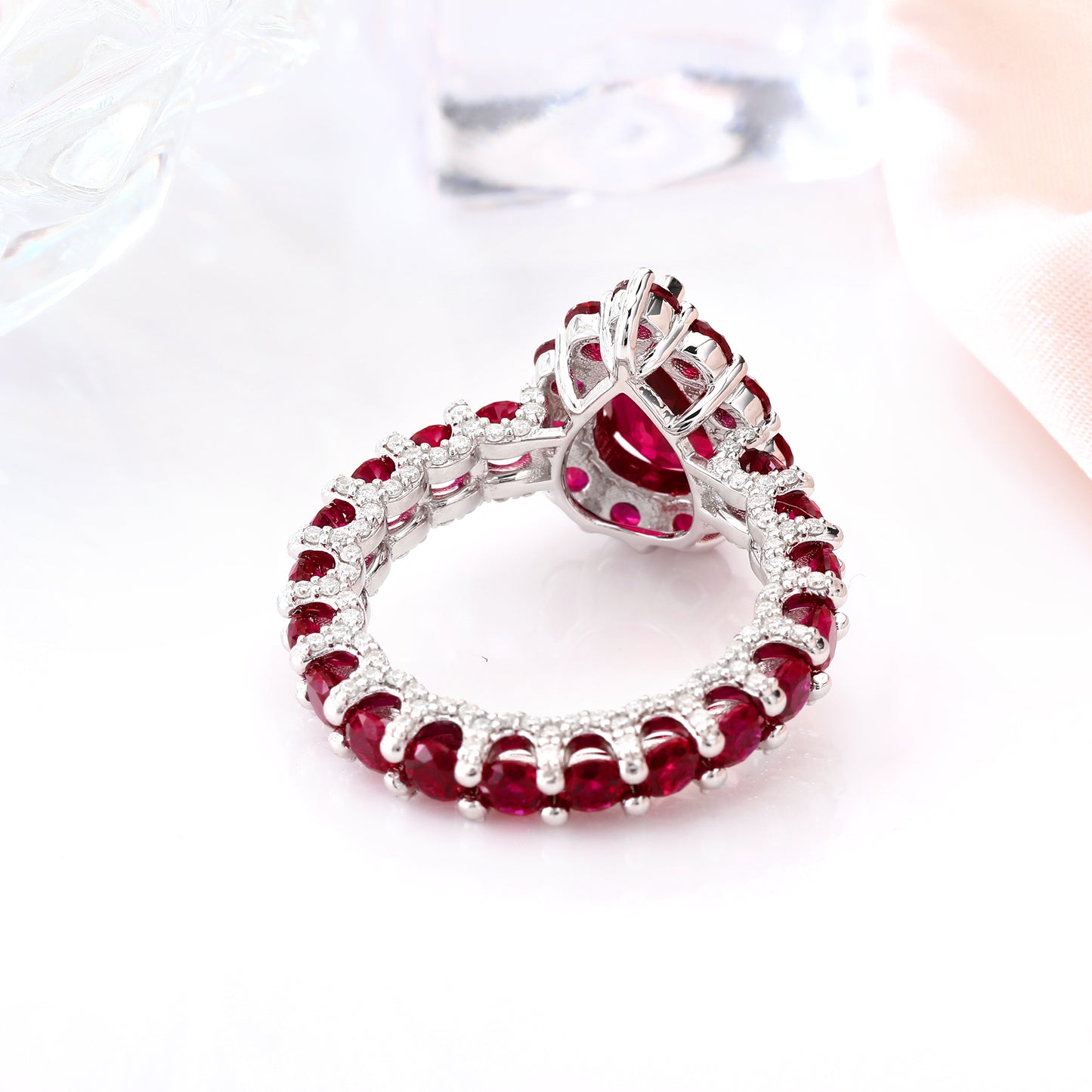 7x10MM Pigeon Red Lab Grown Ruby Full diamonds Engagement Ring in Gold