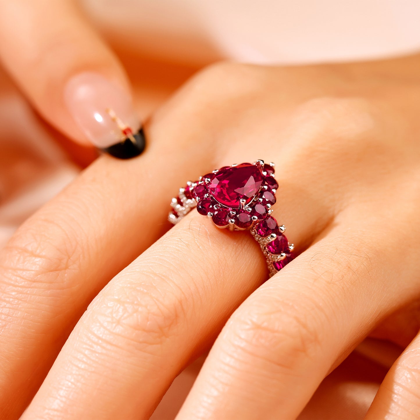 7x10MM Pigeon Red Lab Grown Ruby Full diamonds Engagement Ring in Gold