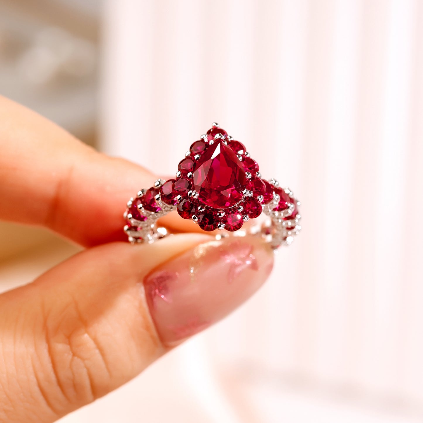 7x10MM Pigeon Red Lab Grown Ruby Full diamonds Engagement Ring in Gold