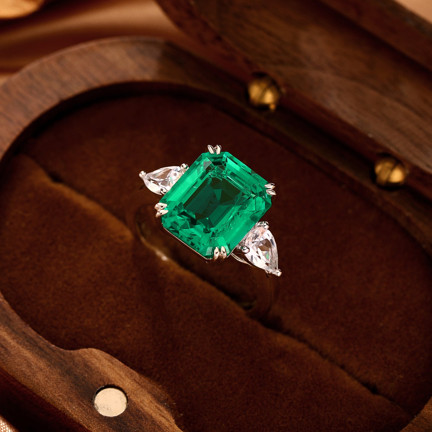 Emerald&Pear 4.65ct Lab Grown Emerald with White Sapphire Three Stone Engagement Ring Gold