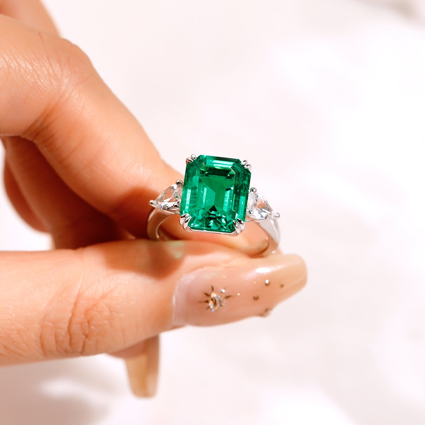 Emerald&Pear 4.65ct Lab Grown Emerald with White Sapphire Three Stone Engagement Ring Gold