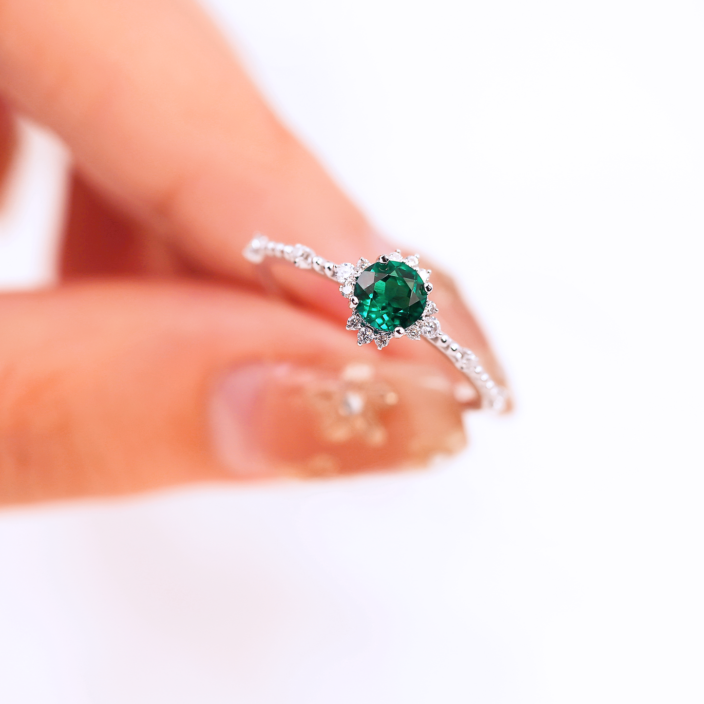 0.5ct Lab Grown Emerald Deep Green Zambia Round floral Engagement Ring