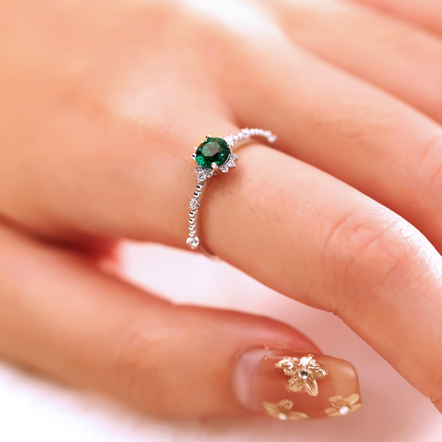 0.5ct Lab Grown Emerald Deep Green Zambia Round floral Engagement Ring