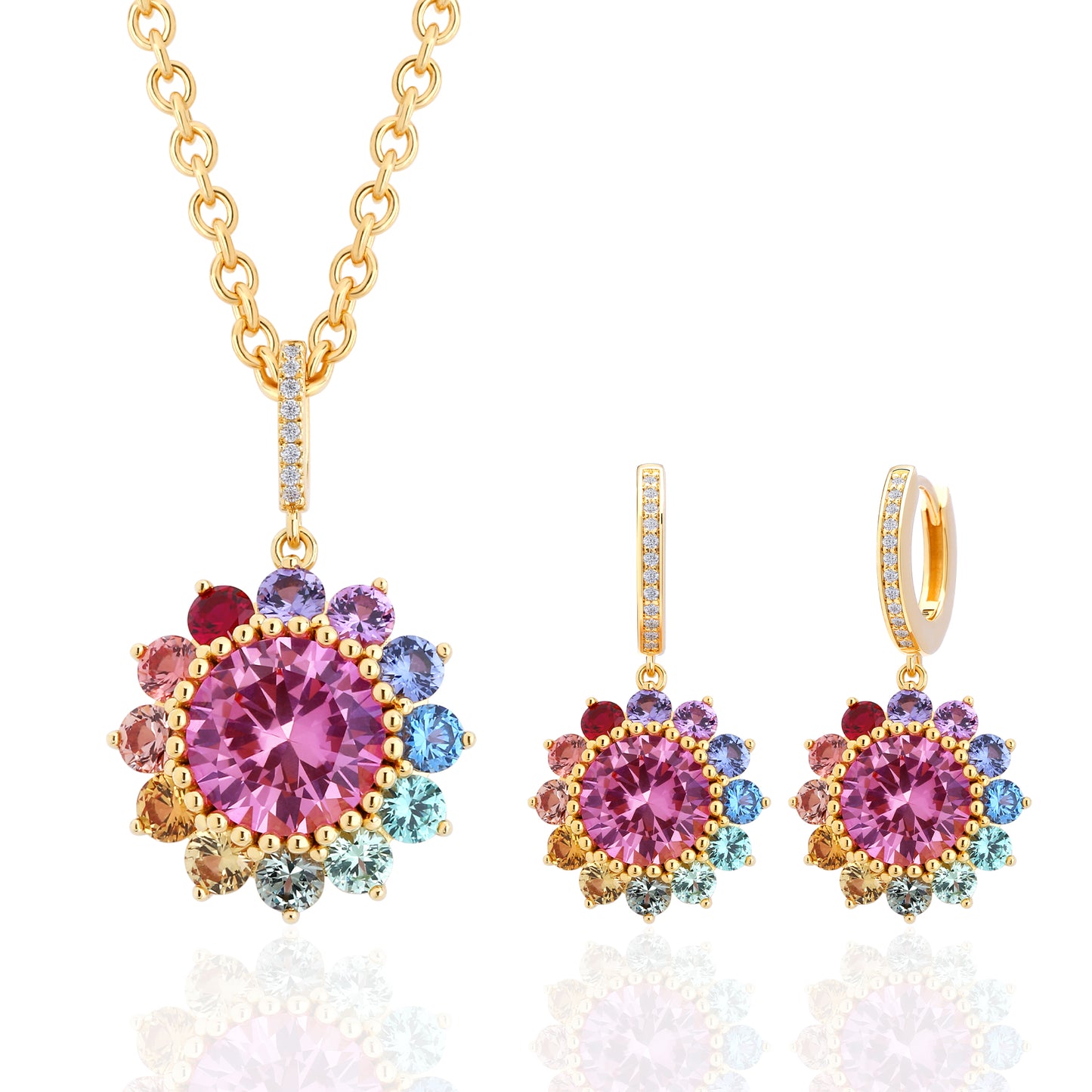Rainbow Lab Grown Sapphire Floral patten ombre pendant earrings set gold