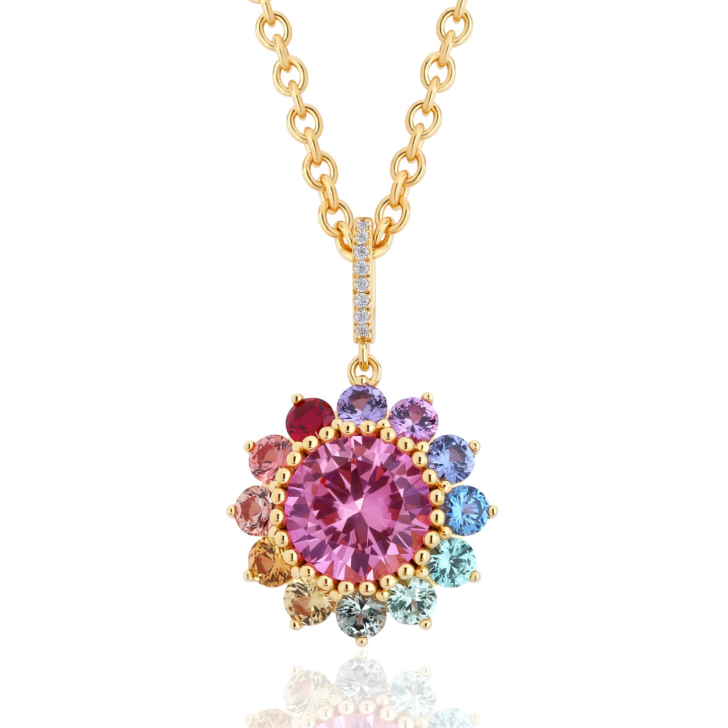 Rainbow Lab Grown Sapphire Floral patten ombre pendant earrings set gold