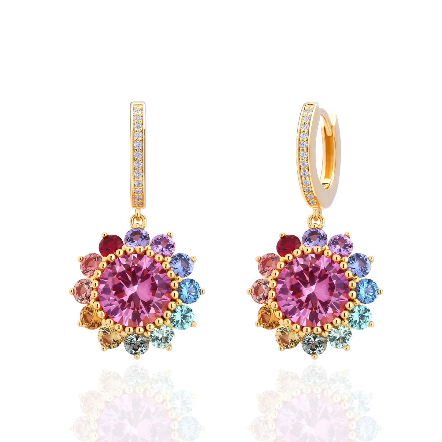 Rainbow Lab Grown Sapphire Floral patten ombre pendant earrings set gold