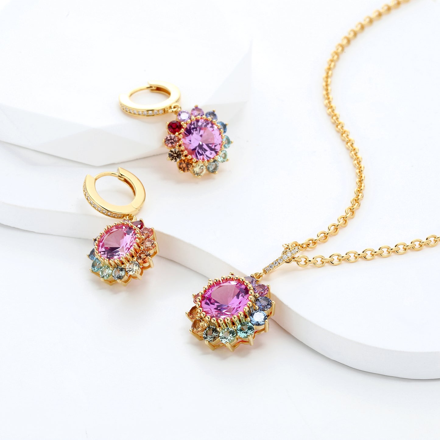 Rainbow Lab Grown Sapphire Floral patten ombre pendant earrings set gold