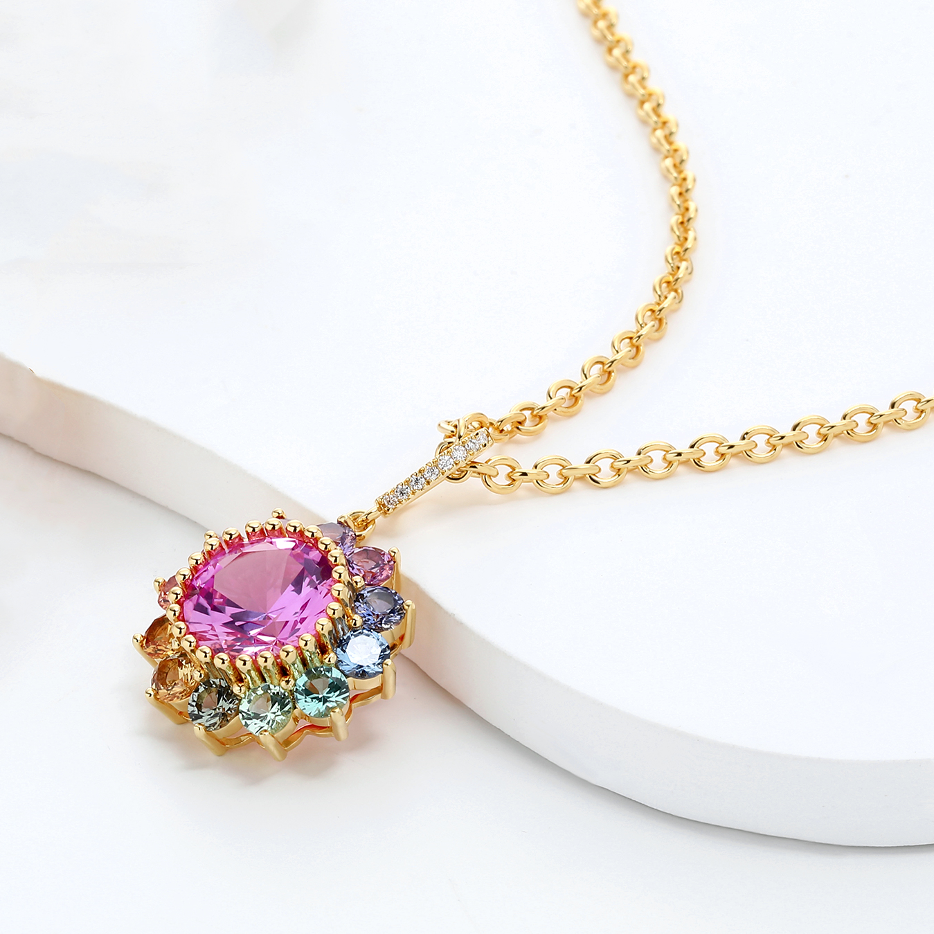 Rainbow Lab Grown Sapphire Floral patten ombre pendant earrings set gold