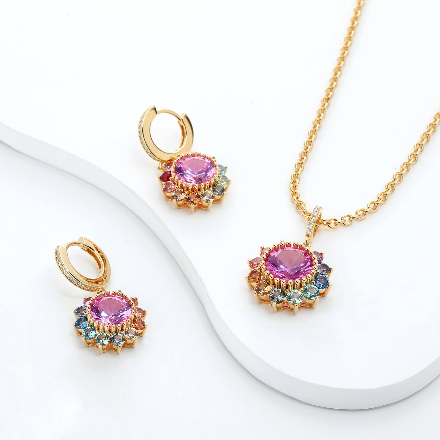 Rainbow Lab Grown Sapphire Floral patten ombre pendant earrings set gold
