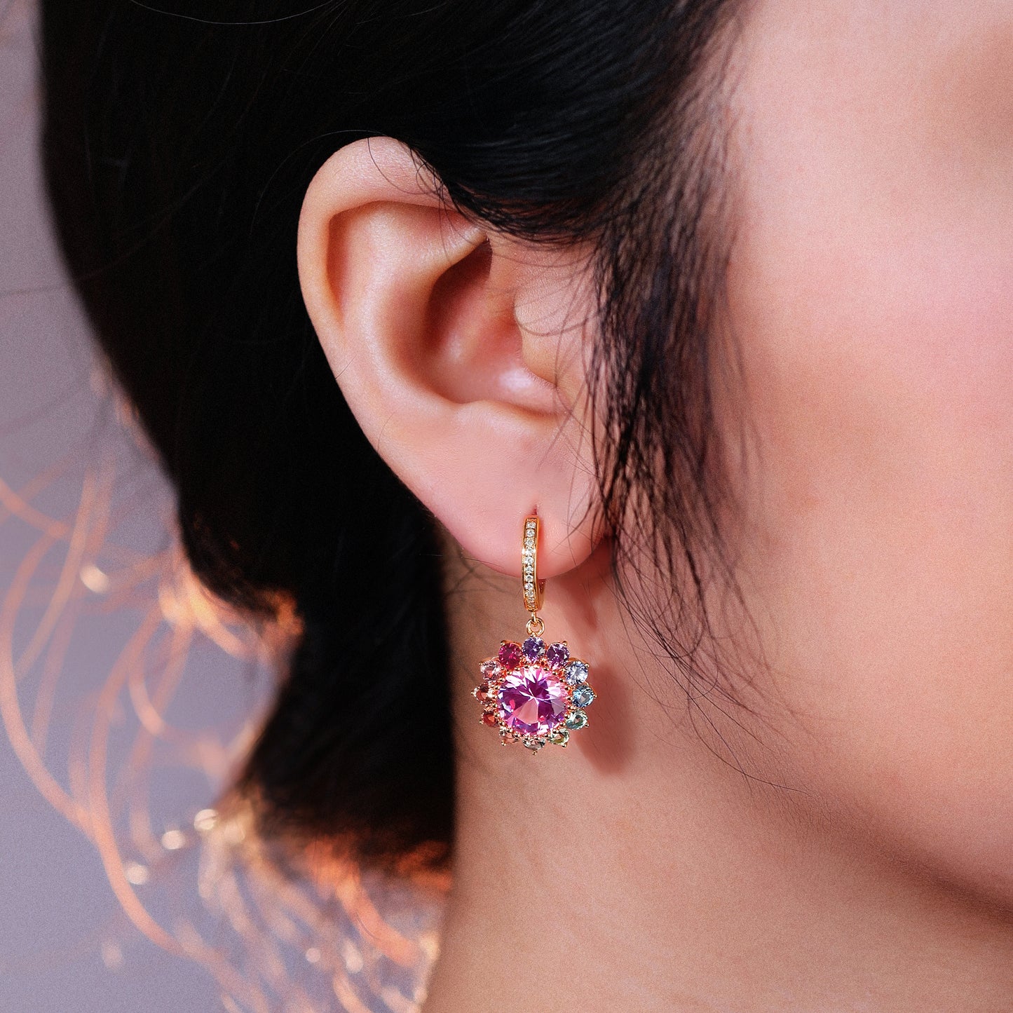 Rainbow Lab Grown Sapphire Floral patten ombre pendant earrings set gold