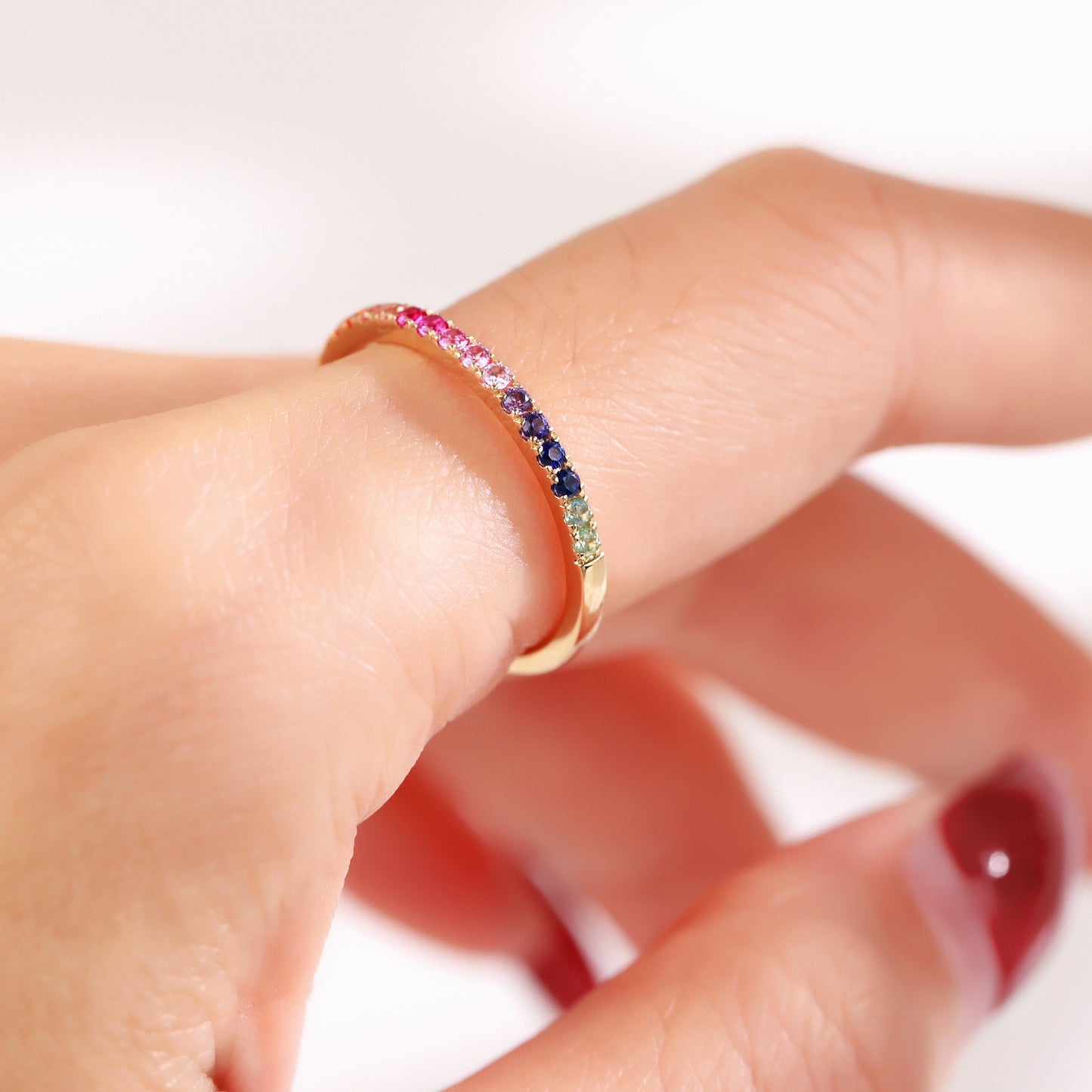 1.8MM Lab Grown Sapphire Midi Rainbow Half Eternity Band ring in gold