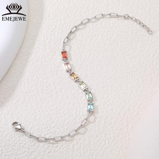 925 Sliver Bezel Set Sapphire Baguette Style Bracelet Colorful Rectangular Stones for Unisex Romantic