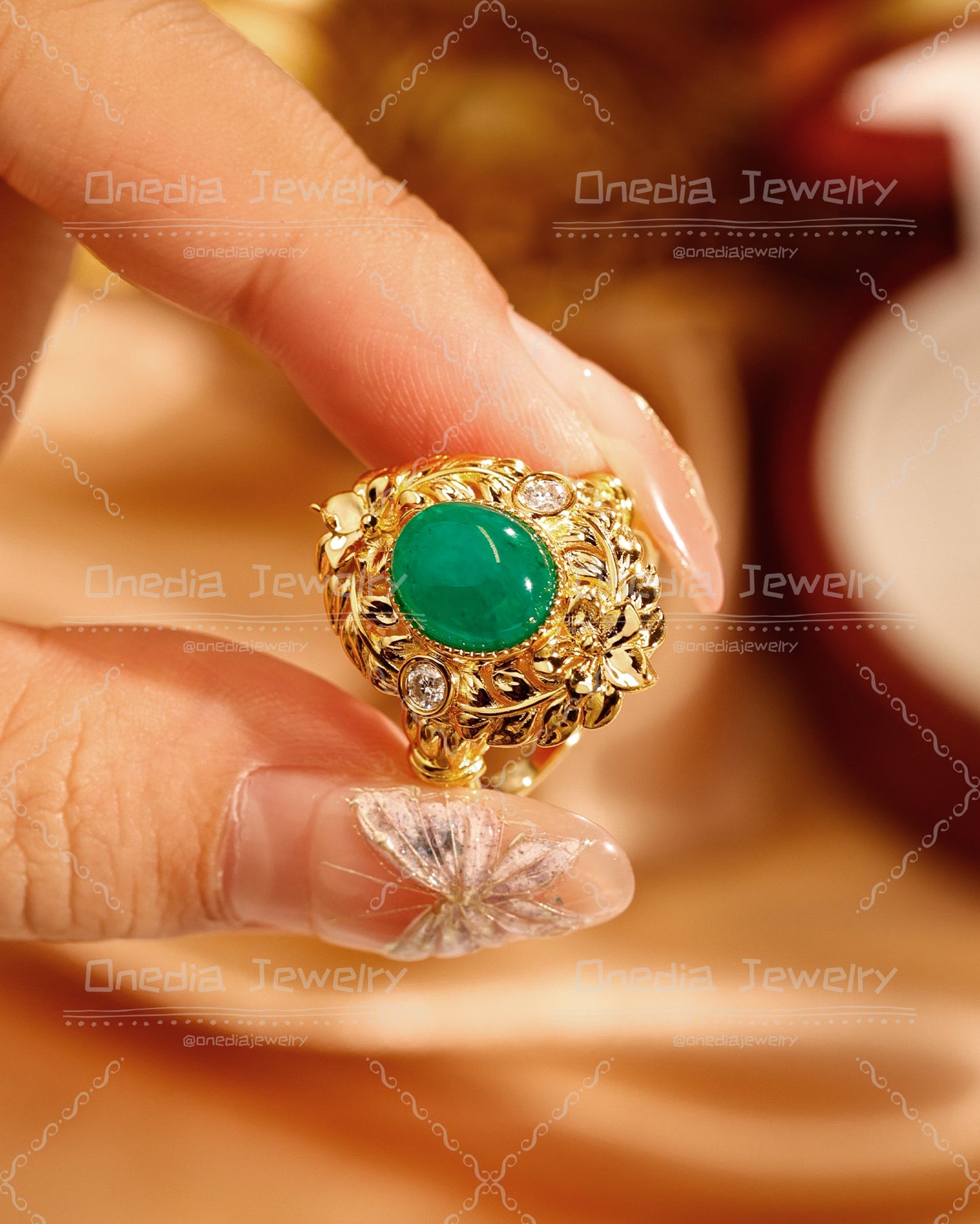 Art Deco 2.8ct Oval Cabochon Lab Grown Emerald 8x10mm Floral Engagement ring in 18k yellow gold with lab diamonds