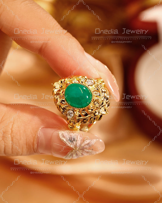 Art Deco 2.8ct Oval Cabochon Lab Grown Emerald 8x10mm Floral Engagement ring in 18k yellow gold with lab diamonds