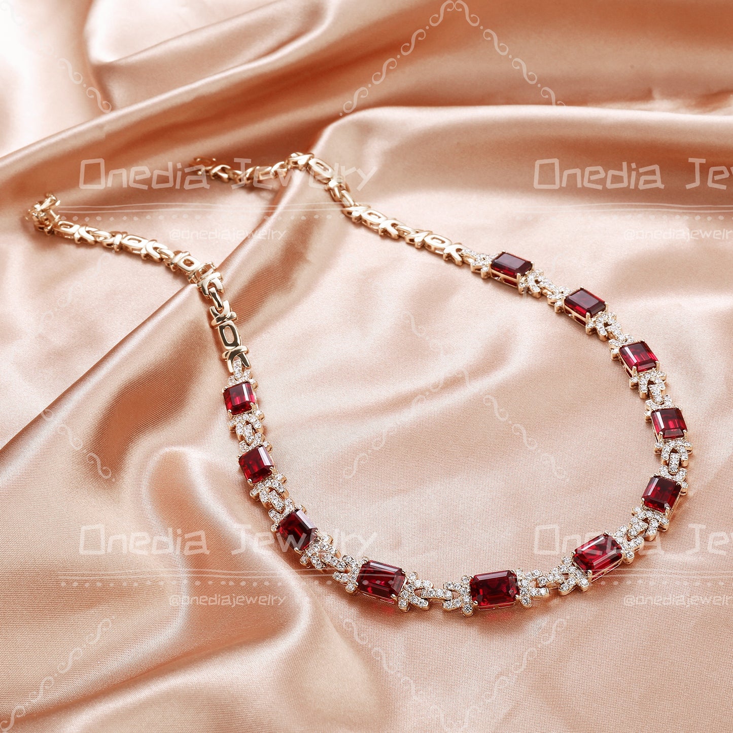 8x10mm Emerald Cut Lab Grown Ruby with Lab diamonds Luxury Design half paperclip chain 18k Rose Gold Necklace