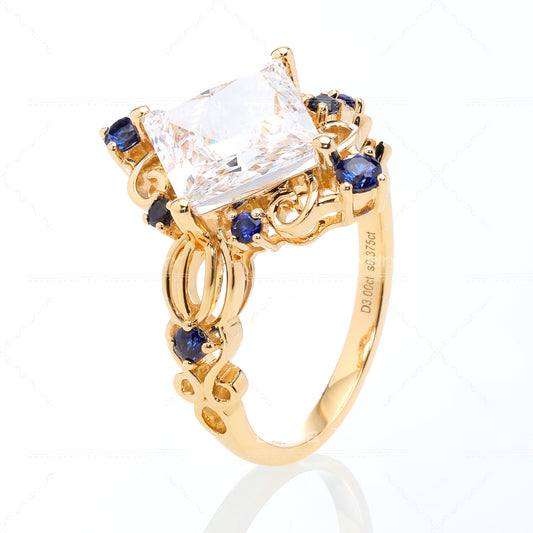 3ct Princess-cut Lab Diamond Intricate Filigree with Sapphire Embellishments Engagement Ring in 18k yellow gold