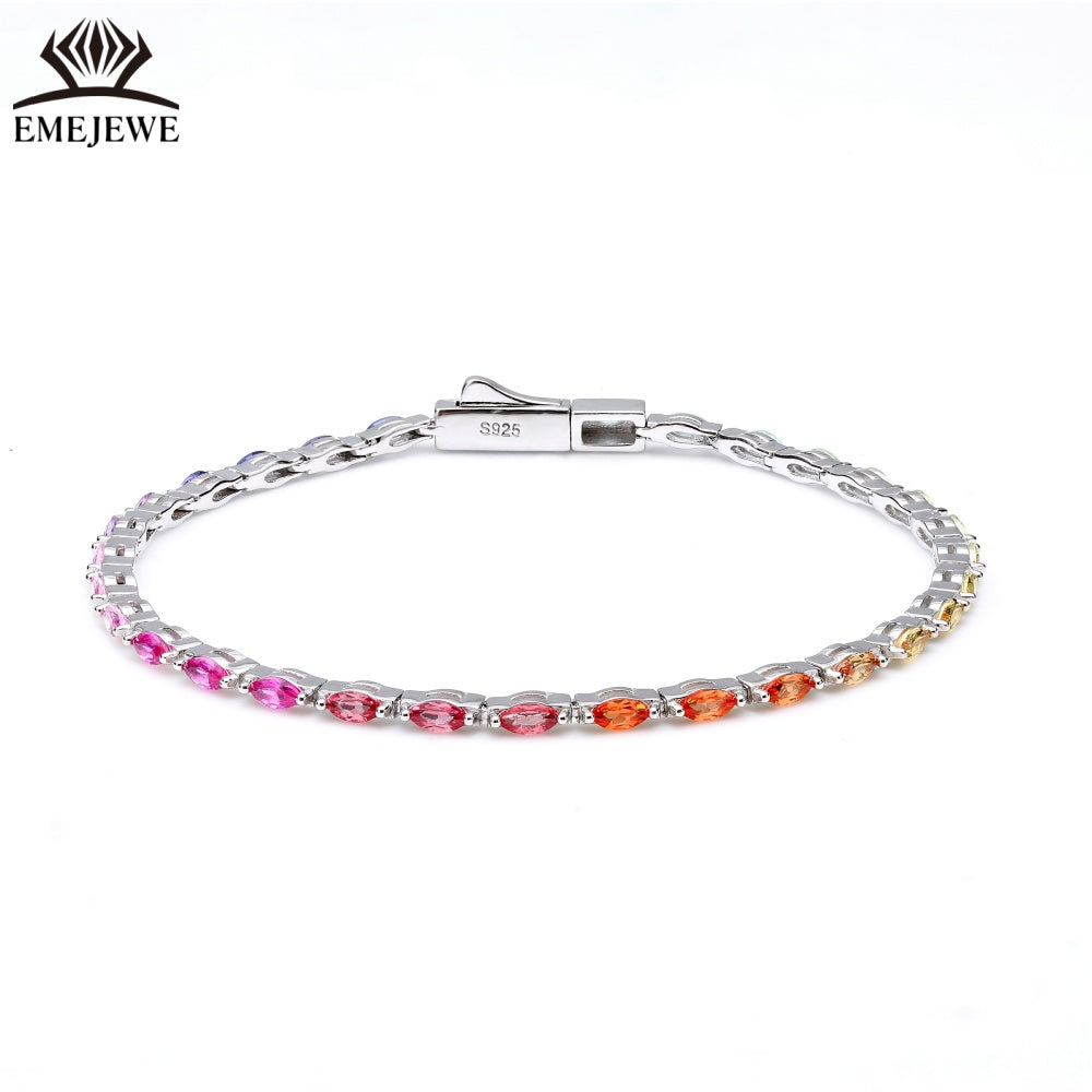 Lab Grown Vintage Marquise Cut Vibrant Rainbow Sapphire Tennis Bracelet Tai Silver 2*4mm Rich Colored Sapphires