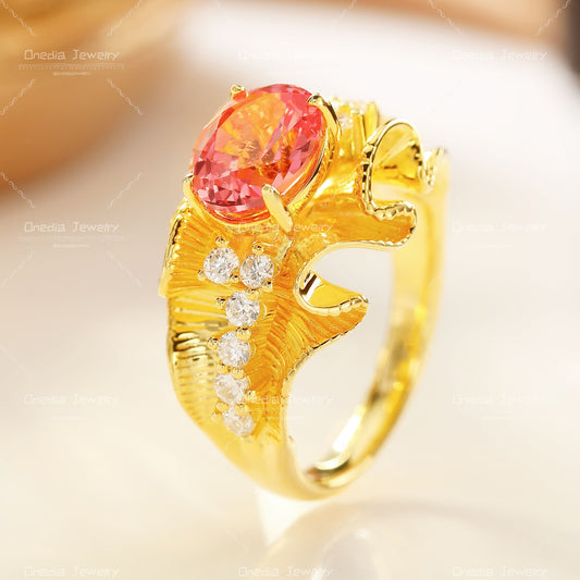 Organic Textured 14K Gold Padparadscha Diamond Ring vintage design engagement gift