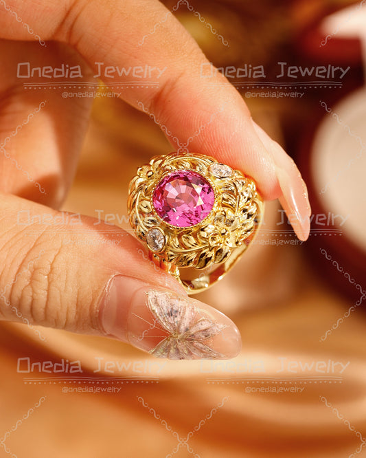 Art Deco 5ct Oval Lab Grown Sapphire Hot Pink 10x12mm Floral Engagement ring in 18k yellow gold with lab diamonds