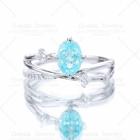 1ct Oval Lab Grown Paraiba color YAG Ice Blue 5x7mm Romantic Star design Engagement ring in 14k white gold