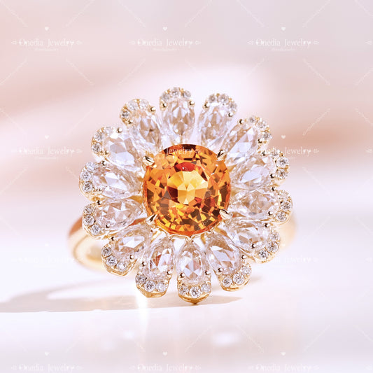 2ct Floral Summer style Orange Lab Grown Sapphire with lab diamonds ring in 18k yellow gold