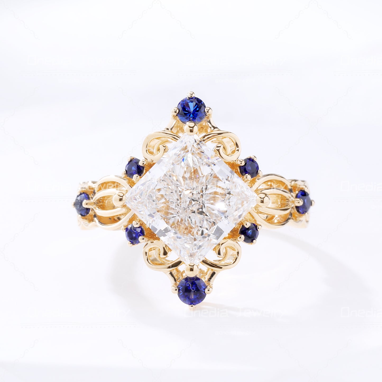 3ct Princess-cut Lab Diamond Intricate Filigree with Sapphire Embellishments Engagement Ring in 18k yellow gold