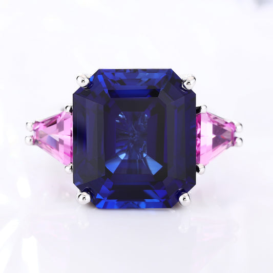 10 carats Asscher Cut Royal Blue & Vivid Purple Lab grown Sapphire Three Stone Engagement Ring gold