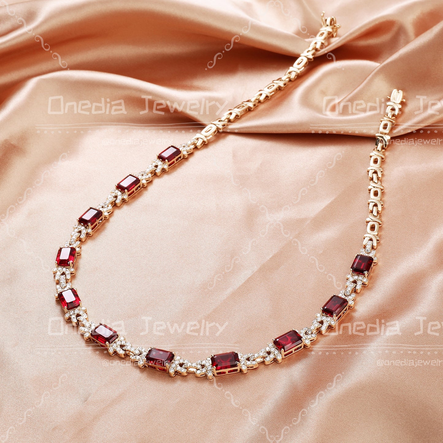 8x10mm Emerald Cut Lab Grown Ruby with Lab diamonds Luxury Design half paperclip chain 18k Rose Gold Necklace