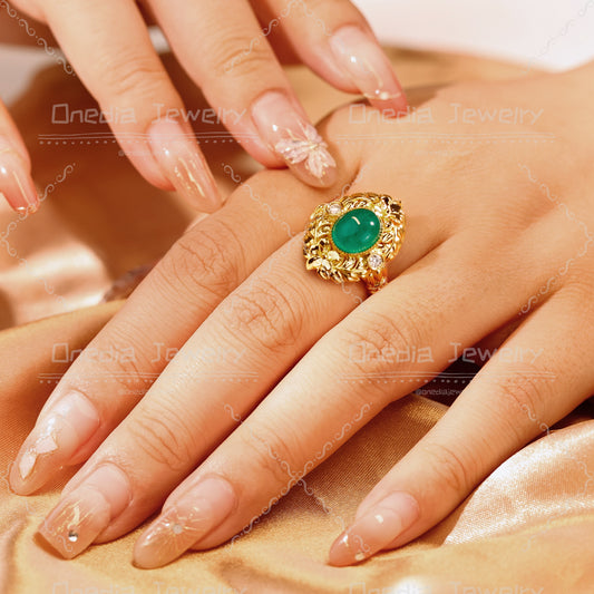 Art Deco 2.8ct Oval Cabochon Lab Grown Emerald 8x10mm Floral Engagement ring in 18k yellow gold with lab diamonds