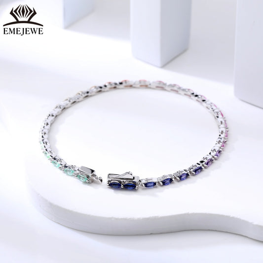 Lab Grown Vintage Marquise Cut Vibrant Rainbow Sapphire Tennis Bracelet Tai Silver 2*4mm Rich Colored Sapphires
