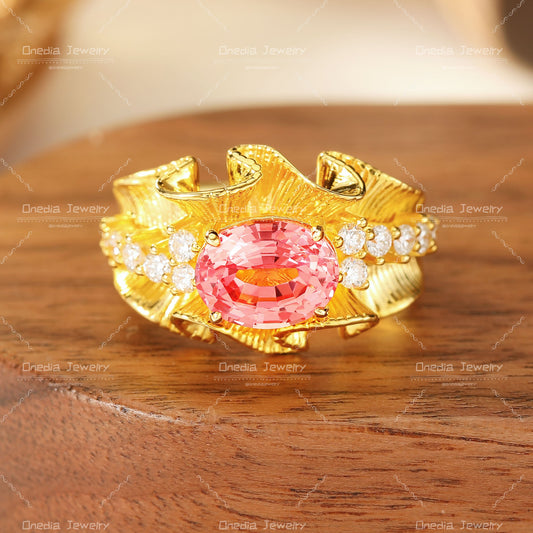 Organic Textured 14K Gold Padparadscha Diamond Ring vintage design engagement gift